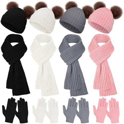 Liitrsh 12 Pcs Kids Hat Gloves Scarf Winter Set, Toddler Children Warm Unisex Knit Beanie Scarf Mitten for Boys Girls Gifts(Black, Ivory White, Gray, Peach)