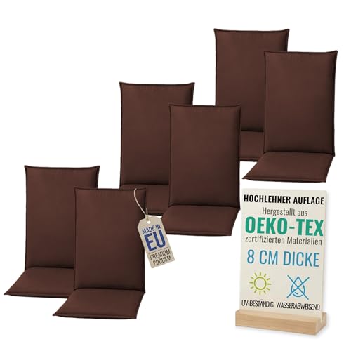 Pillows24 - Hochlehner Auflagen 6er Set - 120x50cm – 8cm Dick - Premium-Material 200gsm, UV- & Wasserabweisend | Sitzauflagen Hochlehner | Sitzkissen Gartenstuhlauflagen für Gartenmöbel | Braun