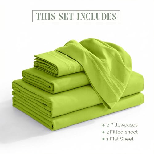 Image of Elegant Comfort Luxurious 1500 Premium Hotel Quality Microfiber Three Line Embroidered Softest 5-Piece Bed Sheet Set, Wrinkle and Fade Resistant, Split King, Lime