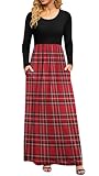 DB MOON Women Casual Long Sleeve Red Plaid Maxi Dresses Empire Waist Long Dress with Pockets L