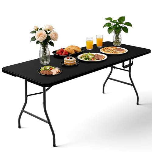 MAKE CHANGES Folding Table 72" x 30" - Heavy Duty Plastic Table with Handle, Foldable&Portable, Fold-in-Half Utility Tables for Outdoor, Dining, Wedding, Events, Indoor, Picnic, Camping, Party, Black