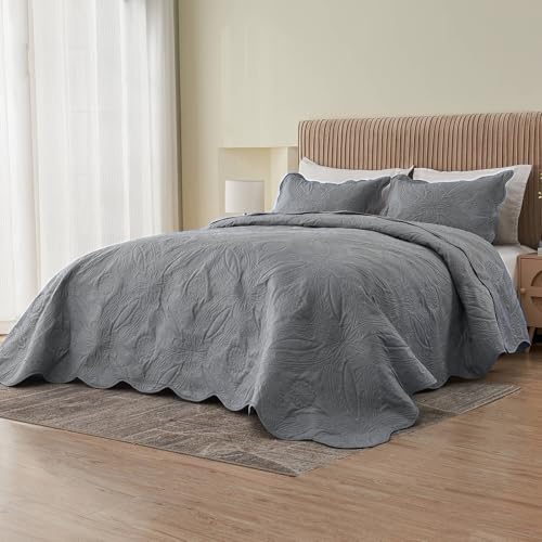 Image of Kingnex Exta Wide Oversized King Bedspreads 128x120 for Tall King or Cal King Bed Ultrasonic Quilted Coverlet Set 3 Piece Include 1 Quilt 2 Pillowcases Grey