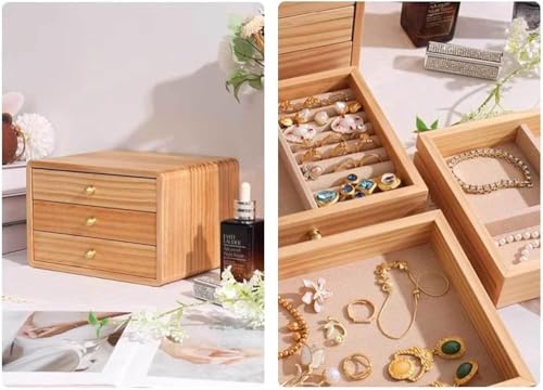 Wielofunkcyjne pudełko na biżuterię z drewna - duże pudełko do przechowywania w stylu vintage z aksamitną podszewką na kolczyki, pierścionki, naszyjniki i bransoletki - 2-warstwowy wzór orzecha