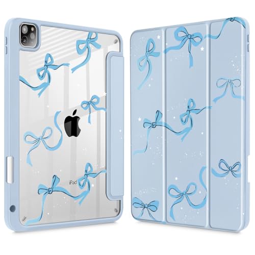 May Chen for iPad Pro 11 inch M2 4th Generation 2022, iPad Pro 11 3rd/2nd/1st Gen, Case with Transparent Shockproof Back Cover [Built-in Pencil Holder, Auto Sleep/Wake, Bows Blue