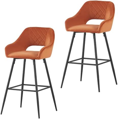AINPECCA Bar Stools Set of 2 Velvet Grey Breakfast Dining Bar Stools Fixed Height Bar Chairs with Metal Frame and Footrest for Breakfast Bar, Counter, Kitchen and Home
