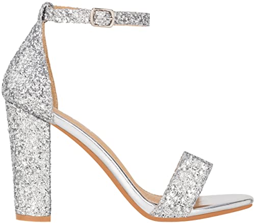 Illude Women’s Open Toe Ankle Strap Chunky Block High Heel - Formal, Wedding, Party Classic Heeled Sandals - Ruby (7, Silver Glitter) #TOP1