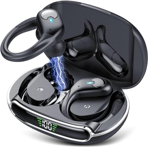 Wireless Earbuds Bluetooth 5.3,Headphones 90Hrs Playtime,IPX7 Waterproof,Power Display,Sport ear buds with Wireless Charging Case,Bass Over Ear Earphones with Mic for running Workout Gym (Black)