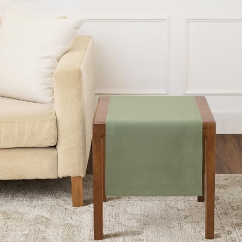 Solino Home 100% Pure Linen Table Runner Oil Green Woven, Fete 14 x 36 in
