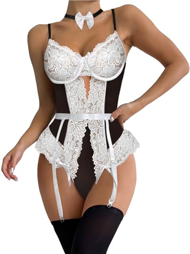 Image of Lilosy Sexy Stocking Lace Mesh Bodysuit Top Underwire Garter Lingerie Set 3 Piece