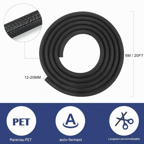 Hocerlu Manchon de Cache Câble Réglable, 6m Range Gaine Câble Tressé en Pet, Protection Gestion des Câbles pour TV, PC, USB - Diamètre 12-20 mm, Classique Noir – vue 2