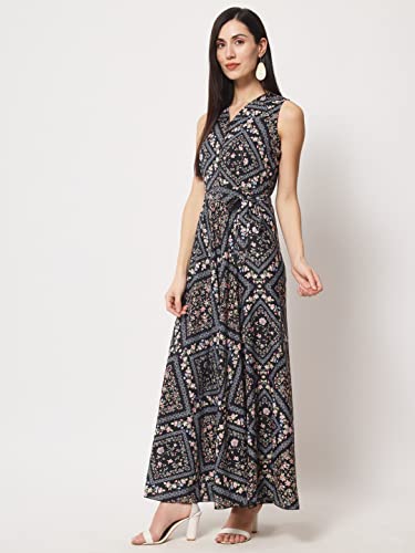 Image of Rudraaksha Women's Printed Maxi Dress Sleeveless Fit & Flare Long Dress || Western Dress for Women || Stylish Maxi Dress Dress || Summer Dress || Boho Printed Dress for Women