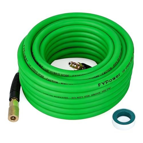 FYPower Air Compressor Hose 3/8 Inch x 50 Feet Hybrid Hose with Fittings Flexible and Kink Resistant 1/4 Industrial Quick Coupler and Plug Kit - Green