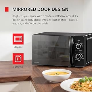 TOSHIBA Black Mirror Front Microwave 20 Liter 700W Manual Control, Compact with 5 Power Levels, Automatic Defrost, Perfect for 9'' Pizza, Clock and Timer, Easy Clean, MW2-MM20PF(MB)
