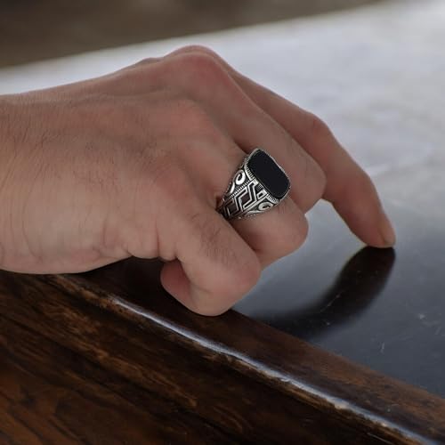 Linked Chain Design Onyx Stone Silver Ring, 925 Sterling Silver Mens Ring for Men, Handmade Silver Ring with Black Onyx Stone, Black Stone Ring, Gift for Men4