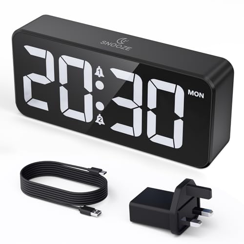 CHEREEKI Alarm Clock Bedside Mains Powered, Digital Clock with Large LED Display, Dual Alarm, Snooze, 10 Ringtones, 3 Alarm Schedule, Adjustable Brightness and Volume, USB Charging Port, 12/24H