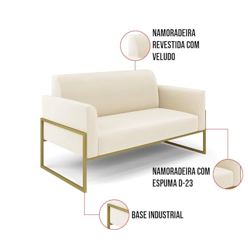Sofá Namoradeira com Poltrona Base Industrial Alta Dourado Marisa Veludo Bege D03 - D'Rossi