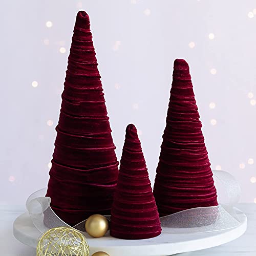 Burgundy Velvet Trees Set of 3, Modern Christmas Decor, Mantel Décor, Holiday Entryway, Rustic Winter Home, Farmhouse Home Decorations, Tree Figurines (Burgundy)