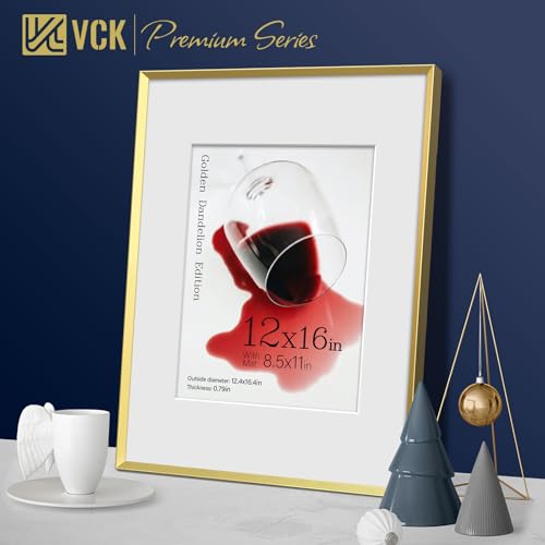 Image of VCK 12x16 Gold Metal Picture Frame 6 Pack, Aluminum Frame with Tempered Glass, Fits 8.5x11 with Mat and 12x16 Without Mat, Vertical Horizontal Wall Mount