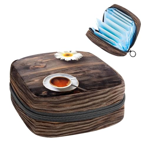Sanitary Napkin Storage Bag for Feminine Pads, First Period Kit for Women, Coffee with Daisy on Old Wood Background Portable Menstrual Period Sanitary Pouch