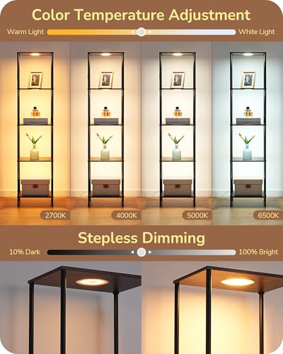 Image of EDISHINE RGBW Floor Lamp with 5-Tier Display Shelves, Remote Control | 2700K-6500K, 3 Lighting Modes, Farmhouse Fire-Burned Wood for Living Room, Bedroom, Office