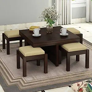 Woodkoof Solid Sheesham Wood Coffee Table with 4 Stool for Living Room, Cafe || Wooden Coffee Table | Finish Color (Walnut Finish Cushion Beige)