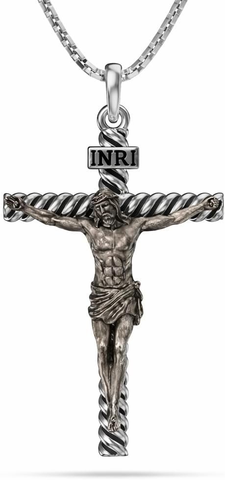 Mens Jesus Crucifix Necklace: 925 Sterling Silver Two-tone/Antique Cross Necklace for Men Catholic Christian Religious Jewelry Faith Gift for Dad Husband Son Birthday Fathers Day Graduation Christmas