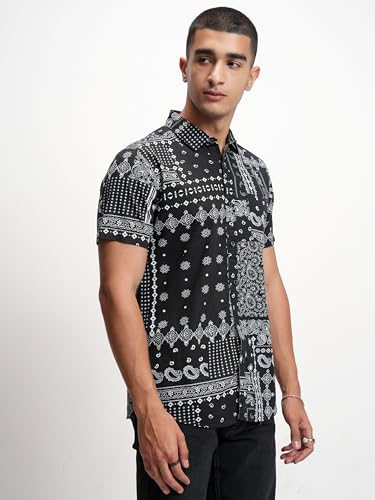 Image of Highlander Men's's Slim Fit Ethnic Motif Printed Casual Shirt | Short Sleeves, Button Closure & Modern Tailored Fit