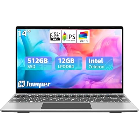 jumper Laptop, 12GB LPDDR4 RAM, 512GB SSD ROM, 14 Inch 1080p FHD IPS Screen, Windows 11 Laptops Computer with Celeron 4-Core Processor, UHD Graphics 600, 2 Stereo Speaker, Portable. Cover