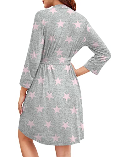 Anyhold Women's Robe Short Knit Bathrobe Lightweight Soft Sleepwear With Pockets V-Neck Casual Ladies Loungewear Large, Fl Pink Star #TOP3