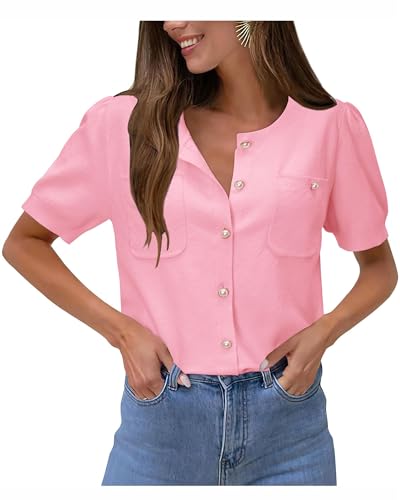Image of Newshows Womens Spring Cardigan Sweaters Lightweight Short Sleeve Button Down Shirts Ribbed Knit Blouse Tops 2026 Trendy