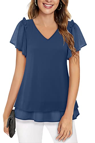 Vafoly Ladies Tops And Blouses, Womens Tops Blouses For Women Dressy Ladies Summer Tops And Blouses 2023 Womens Dress Shirts Tunic Tops For Women Dressy Tummy Hiding Tops For Women Navy Blue Xl #TOP1