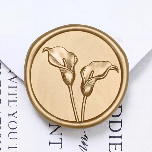 UNIQOOO Wax Seal Stickers - 3D Calla Lily Floral Wedding Invitation Envelope Seal Stickers, 50 Pcs Self- Adhesive Light Gold Flower Wax Seals, Perfect for Bridal Shower, Gift Wrapping
