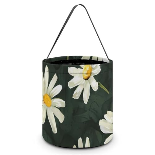 Image of White Daisies Flowers Halloween Trick Or Treat Bucket Bags Reusable Candy Basket Tote Pumpkin Party Favor Bags