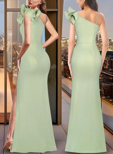 Image of VFSHOW Womens Ruffle One Shoulder Strap Ruched Formal Prom Wedding Maxi Dress V Neck Elegant Split Cocktail Evening Long Gown