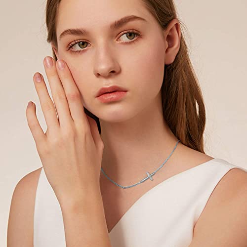 Fencci Solid 14K White Gold Sideways Cross Necklace For Women, Dainty Gold Sideways Cross Choker Pendant Adjustable Necklace Jewelry For Her, 14+2 Inch (White Gold) #TOP4