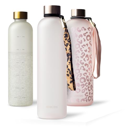 MAMEIDO Bottiglia acqua 1 litro, Borraccia plastica tritan a tenuta stagna, senza BPA, bottiglia motivazionale con orario (Rosé Quartz)