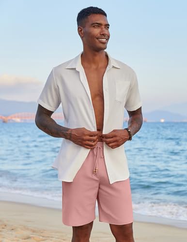 Image of COOFANDY Mens Casual Linen Shorts Elastic Waist Drawstring Loose Fit Summer Beach Vacation Shorts with Pockets