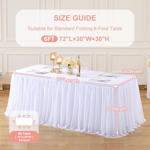 Wish Care 6 Pack White Tulle Tablecloth for 6 Foot Rectangle Tables Wrinkle Free Stretch Fitted Table Cloths with Tutu Skirt 6FT Rectangular Ruffle Table Cover for Wedding Birthday Party Banquet Cake by Wish Care - Image 7