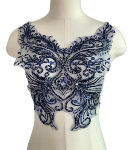 JRYYR Flower Sequin Appliques, Navy Blue Appliques, Bodice Applique, Beaded Applique for Dresses, Dancewear, Evening Gowns, Apparel and More (Navy Blue)