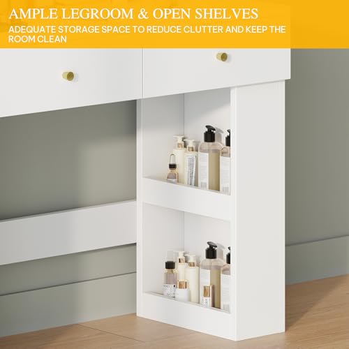 DWVO Vanity Desk with Mirror and Lights, Makeup Vanity Table Set with Power Outlets and Chair, 3 Lighting Colors, Makeup Desk with 2 Drawer and Lots Storage Shelves, White Dressing Table for Bedroom