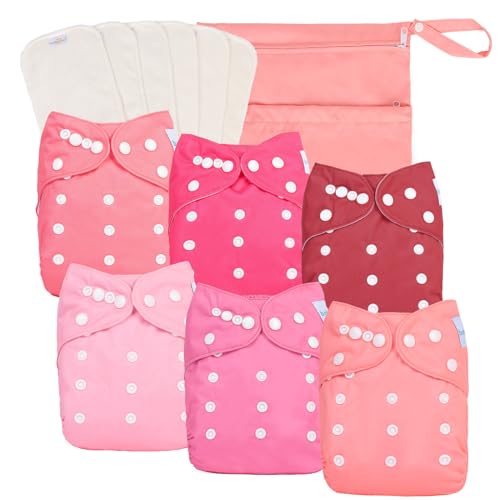 Image of babygoal Baby Girl Cloth Diapers 6 Pack with 6pcs Inserts and Wet Bag, Reusable Waterproof Diaper Covers for Toddlers with Snap Closure