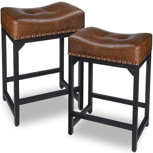 Image of Bar Stools Set of 2, Counter Height Bar Stools for Kitchen Counter, 24 Inch Saddle Barstools Kitchen Stools, Counter Height Stools for Bar, Kitchen, Island-Brown