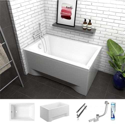 ECOLAM Petite baignoire rectangulaire acrylique Capri Polimat 100x70 cm + tablier en acrylique | pieds silicone et siphon | Set complet
