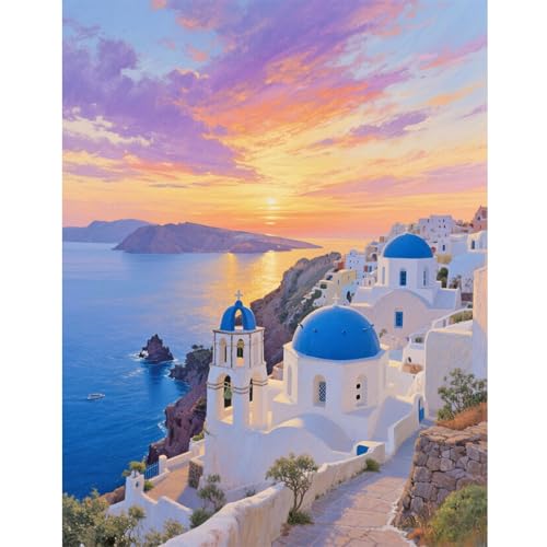 TDFERAN Peinture Diamant 5D Coucher Soleil Plage Paysage Grec 40X50cm Diamond Painting Santorini Peinture Diamant Débutants Point de Croix Cristal Paysage Bord Mer Décoration Murale