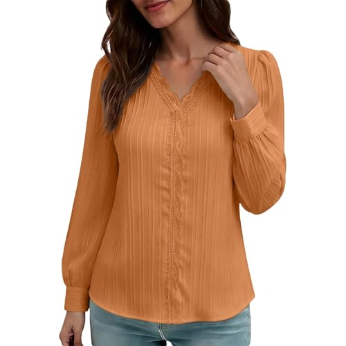 Foweknow Top de encaje para mujer, manga larga, elegante, cuello en V, blusa con encaje, camiseta de manga larga, sexy, holgada, informal, túnica, blusas y túnicas para mujer, blusa larga, naranja, S