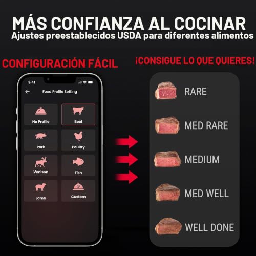 Miniatura 7 de Thermopro Tp904 Termómetro Digital Para Carne, 135m Control Remoto Bluetooth Termómetro De Cocina Recargable Con Aplicación Inteligente, Sondas De Temperatura Duales Aptas Para Alimentos Para Horno