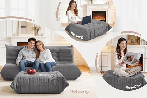 Image of Bean Bag Pouf Ottoman, Foot Stool, Foot Rest with Memory Foam Filled, Rectangle Ottoman for Living Room, Bedroom, Office (Grey Teddy)