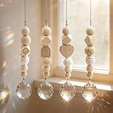 VEEKAY 4er Set Sonnenfänger Kristall,Sonne Perlen Anhänger Deko,Länge 36cm/14.17in mit Holzperlen & Kristallkugel,Regenbogenmacher,Regenbogen Kristalle Anhänger für Fenster,Garten,Hochzeit Dekoration