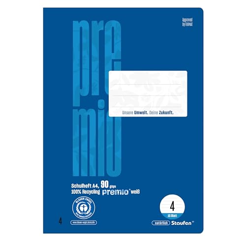 Staufen premio Schulheft - 4 Hefte je 16 Blatt, DIN A4, Lineatur 4 (9mm liniert), 90 g/m² Recyclingpapier, runde Ecken verhindern „Eselsohren“