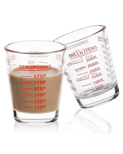 Comparison: Best Espresso Shot Glass 10 SAIAOKJ Shot Glasses Measuring Cup Set 2PACK Espresso Shot Glasses Liquid Heavy Glass 26-Incremental Measurement 1 OZ, 2 TBS, 6 TSP, 30 ML Kitchen Tools (Red)